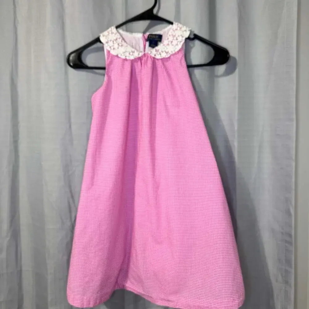 Polo Ralph Lauren Girls Pink Gingham Sleeveless Swing Dress with Lace Collar